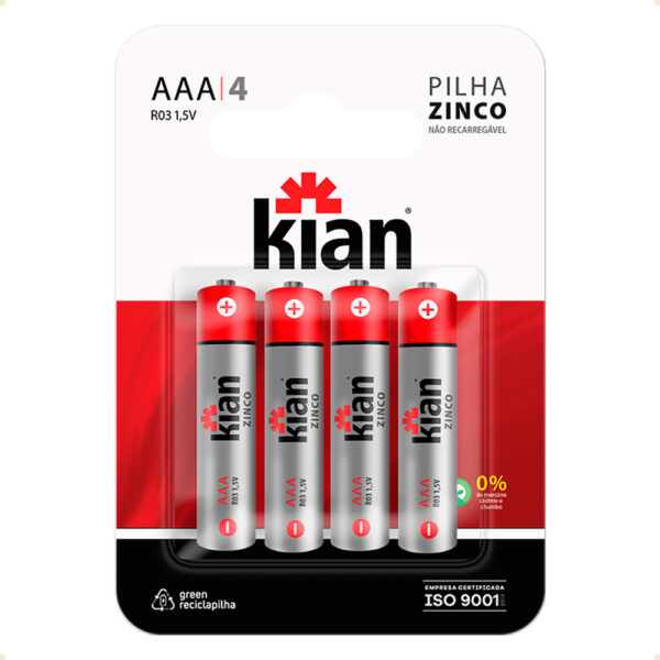 Pilha AAA Palito Kian 1.5V Zinco 4 Unidades Longa Duração