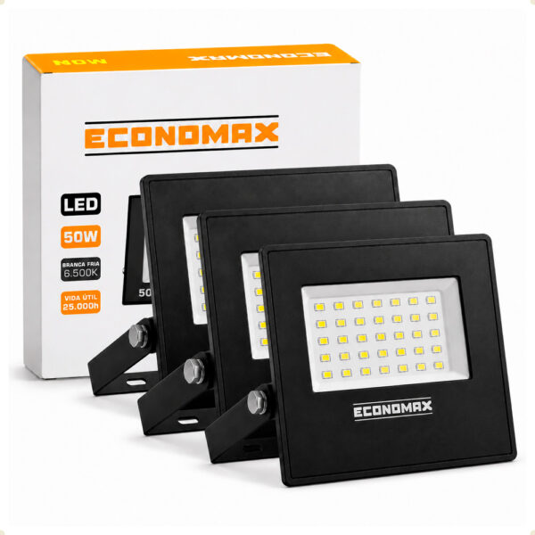 Kit 3 Refletores LED 50W Slim 6500K Frio Bivolt Economax