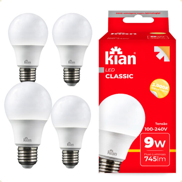 Kit 5 Lâmpadas LED Kian Classic 9W Bivolt 3000K Amarela
