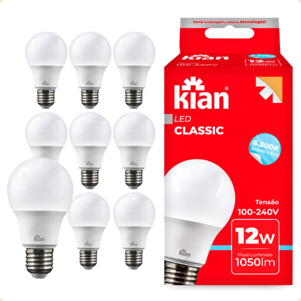 Kit 10 Lâmpada LED Kian Classic 12W Bivolt 6500K Branco Frio
