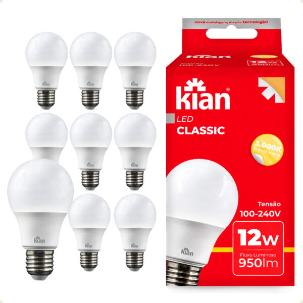 Kit 10 Lâmpadas LED Kian Classic 12W Bivolt 3000K Amarela