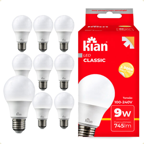 Kit 10 Lâmpadas LED Kian Classic 9W Bivolt 3000K Amarela