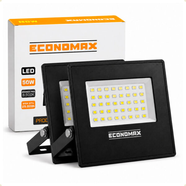 Kit 2 Refletores LED 50W Slim 6500K Frio Bivolt Economax