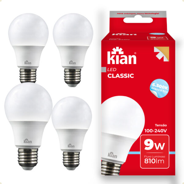 Kit 5 Lâmpadas LED Kian Classic 9W Bivolt 6500K Branco Frio