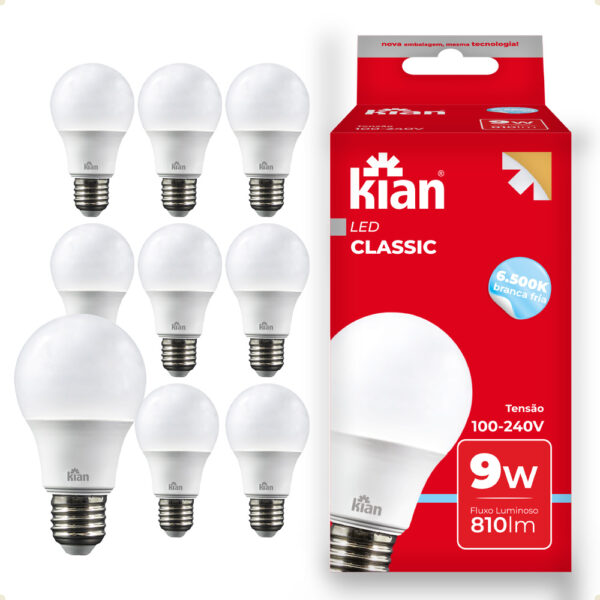 Kit 10 Lâmpadas LED Kian Classic 9W Bivolt 6500K Branco Frio
