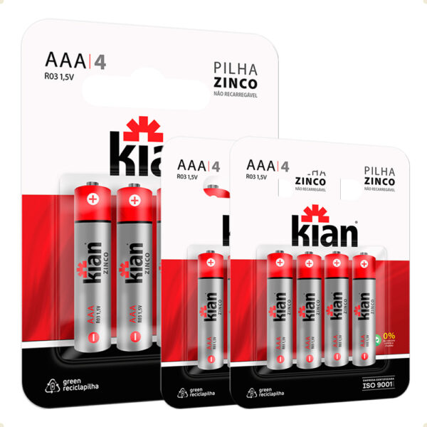 Kit 12 Pilhas AAA Palito Kian 1.5V Zinco Longa Duração