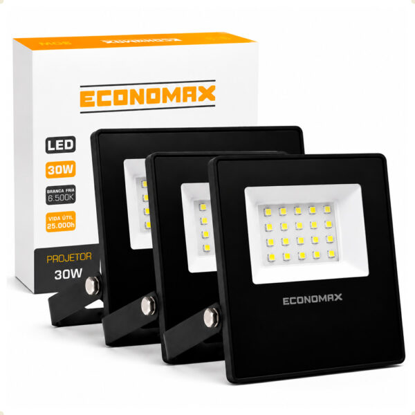 Kit 3 Refletores LED 30W Slim 6500K Frio Bivolt Economax