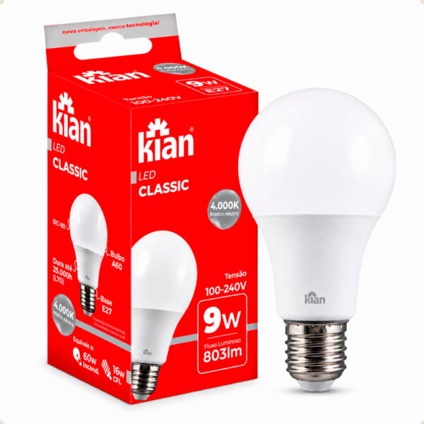 Lâmpada LED Kian Classic A60 9W Bivolt 4000K Branco Neutro